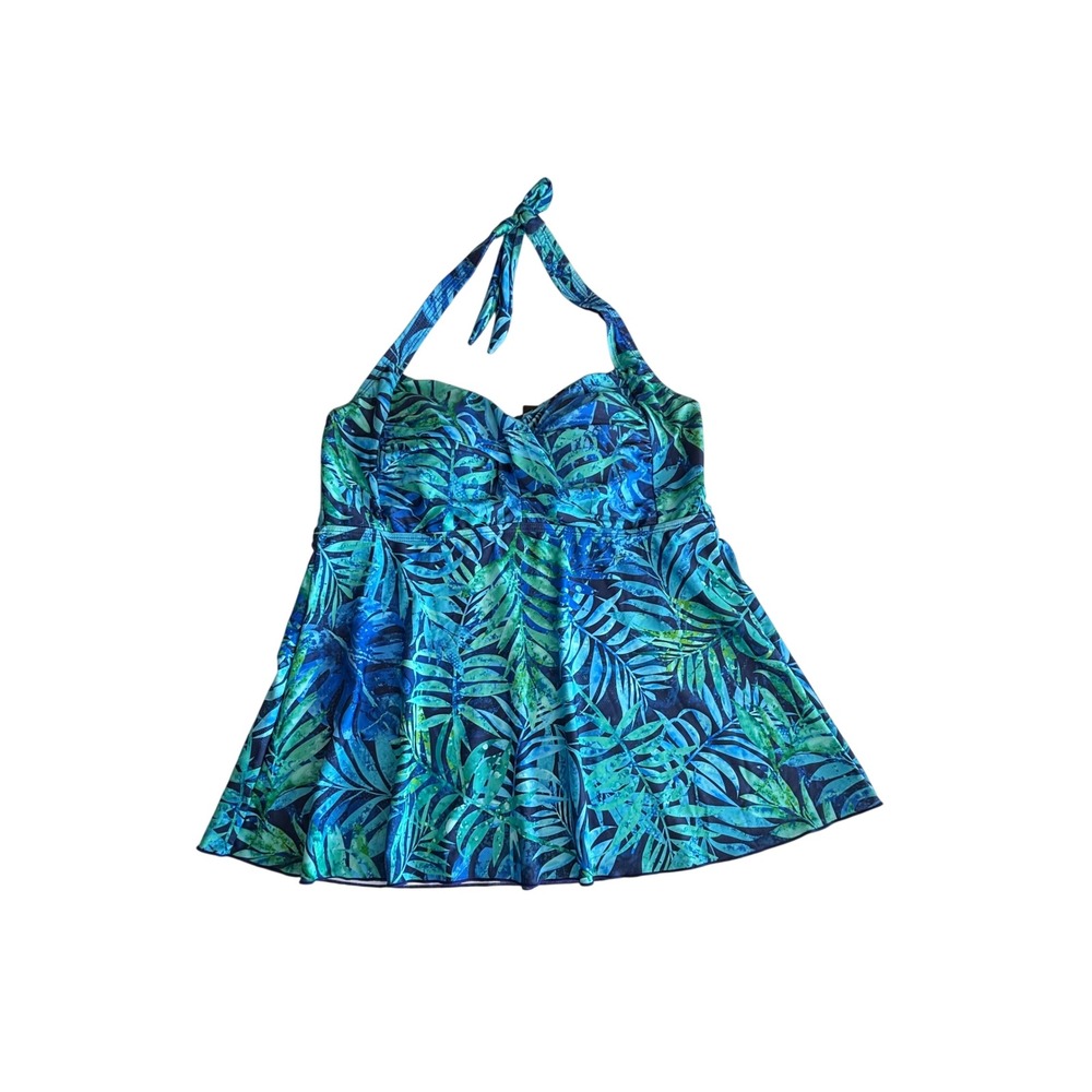 Talisea Blue Green Tropical Palm Print Halter Swim Dress Tankini Top XL NEW